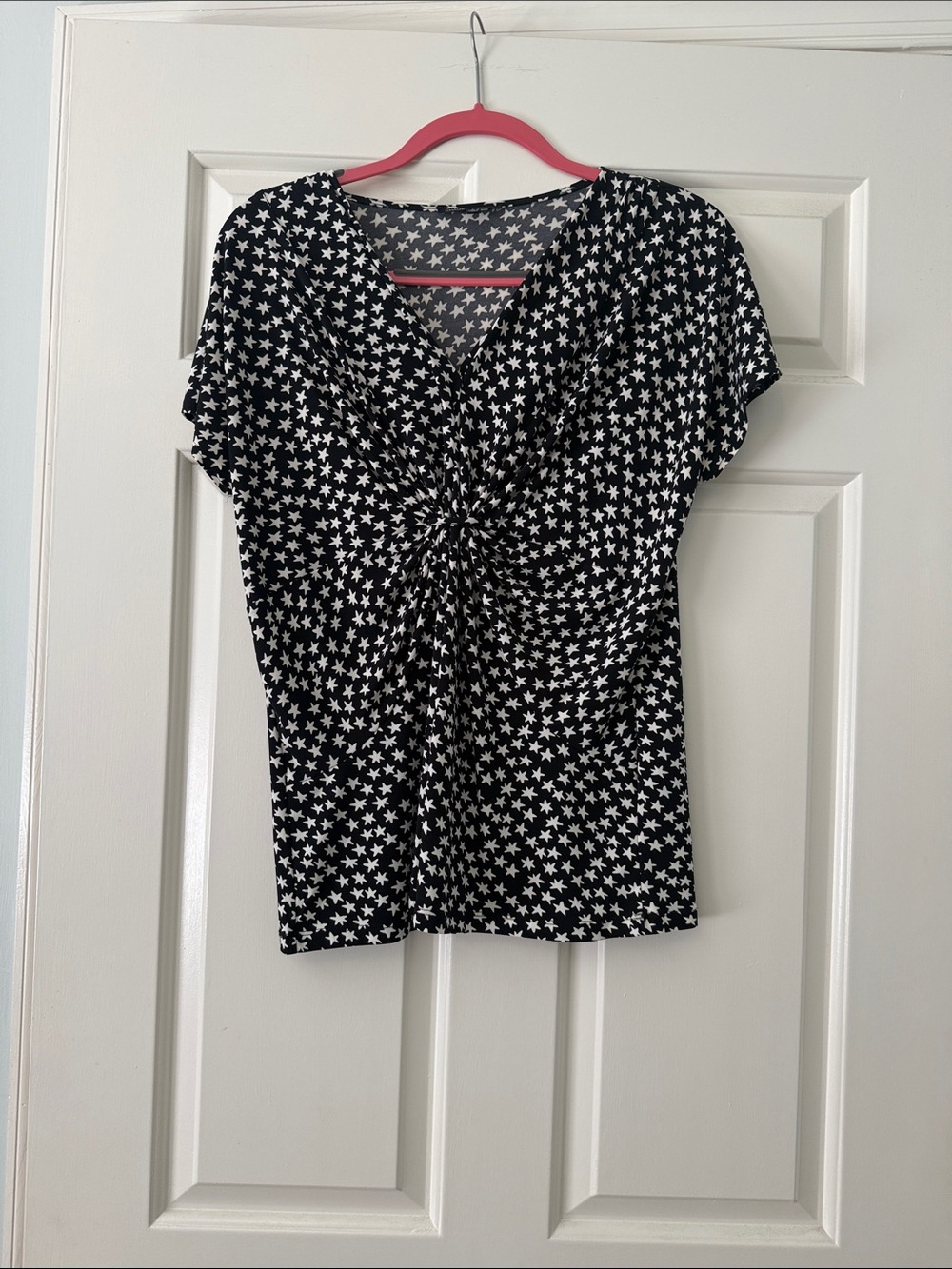 Chaus Black and White Star-Print Twist-Front Top